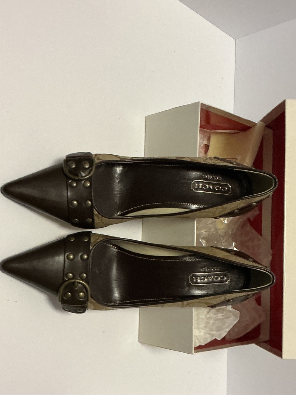 Coach Brown Pointed-Toe Leather & Canvas Buckle Pumps